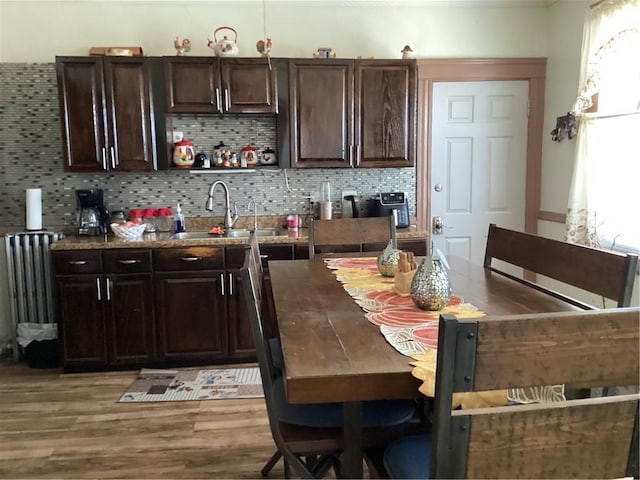 kitchen with radiator, light wood-style flooring, a sink, dark brown cabinetry, and tasteful backsplash