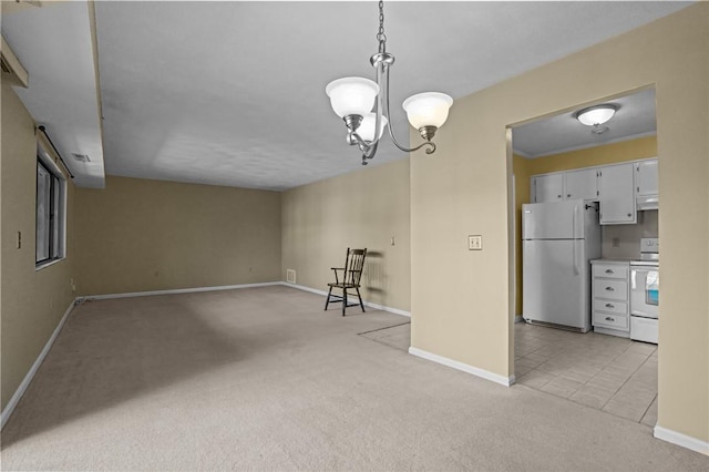 interior space with baseboards, light carpet, and a notable chandelier