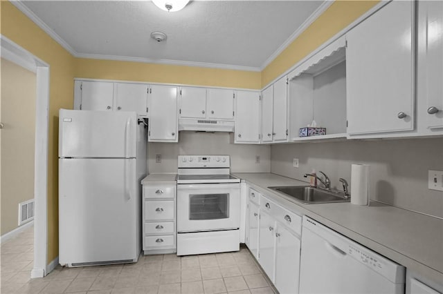 kitchen featuring white appliances, visible vents, ornamental molding, a sink, and under cabinet range hood