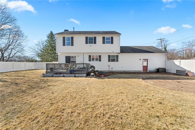 back of house featuring a yard, central air condition unit, a wooden deck, and a fenced backyard