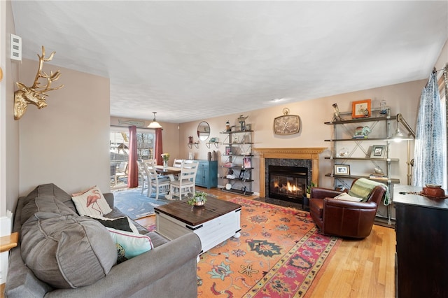 living area with light wood-style flooring and a fireplace