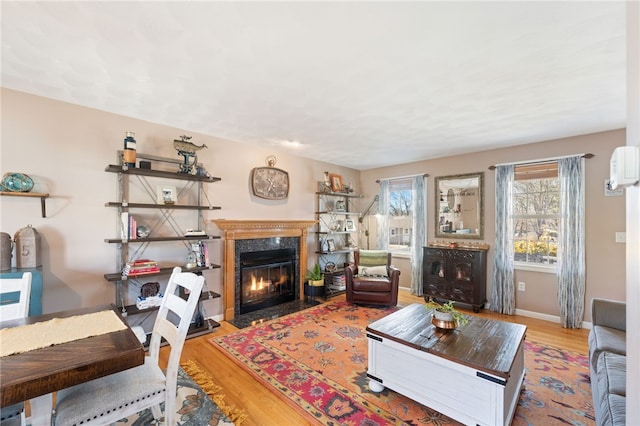 living area with a fireplace, baseboards, and wood finished floors