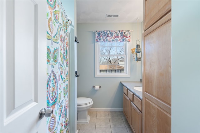 full bath with tile patterned flooring, visible vents, baseboards, toilet, and vanity