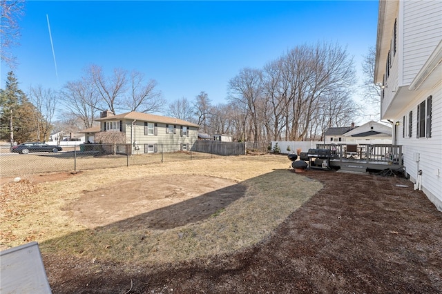 view of yard featuring a fenced backyard and a wooden deck