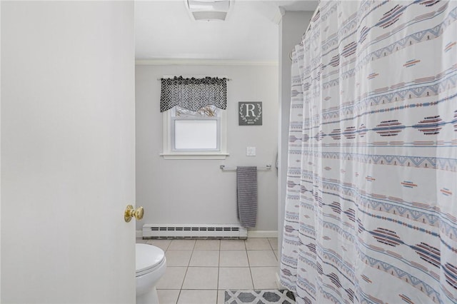 bathroom featuring curtained shower, a baseboard heating unit, toilet, ornamental molding, and tile patterned floors