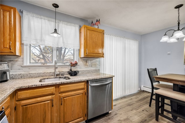 kitchen featuring a sink, baseboard heating, light wood-style floors, stainless steel dishwasher, and backsplash