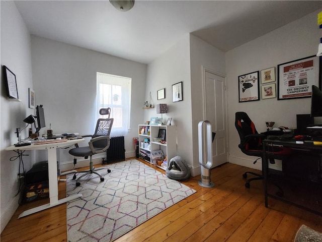 office featuring radiator, baseboards, and hardwood / wood-style flooring