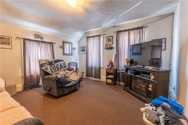 carpeted living area featuring plenty of natural light, a textured ceiling, baseboards, and vaulted ceiling