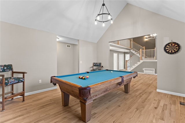 playroom featuring visible vents, pool table, baseboards, wood finished floors, and high vaulted ceiling