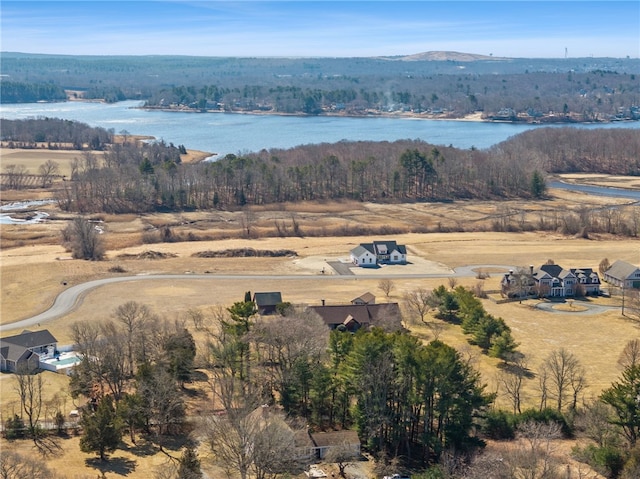 drone / aerial view with a water view and a view of trees