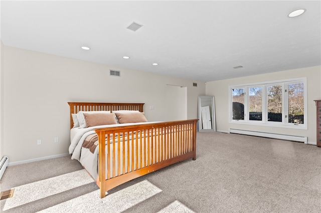 bedroom with visible vents, recessed lighting, carpet floors, a baseboard radiator, and baseboards