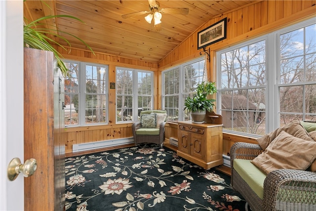 sunroom / solarium with baseboard heating, a healthy amount of sunlight, wooden ceiling, and vaulted ceiling