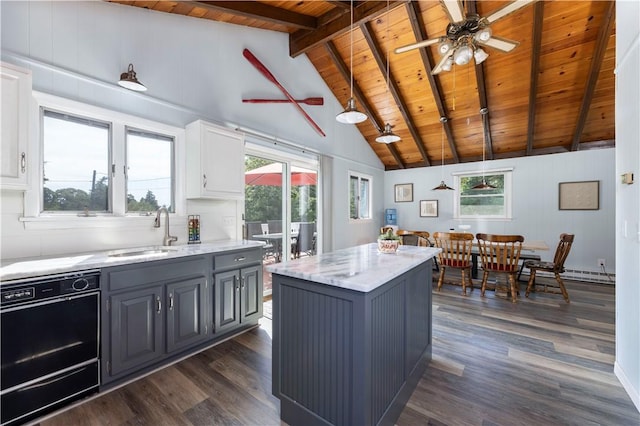 kitchen featuring gray cabinets, dark wood-style flooring, a sink, black dishwasher, and wood ceiling