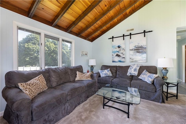 living area featuring wooden ceiling, vaulted ceiling with beams, and visible vents