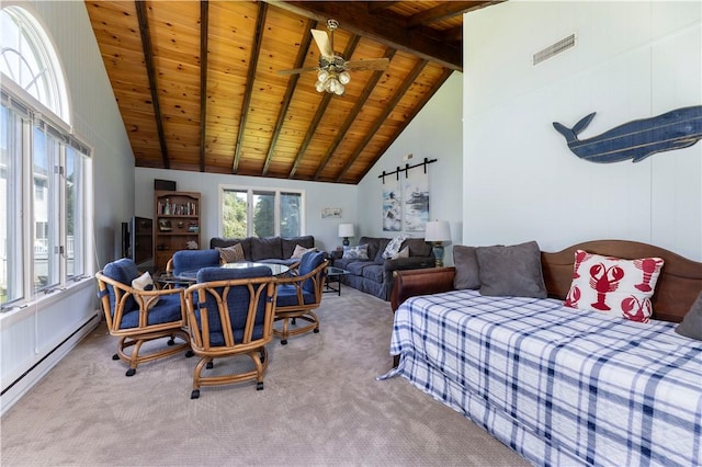 carpeted bedroom with a baseboard radiator, high vaulted ceiling, beamed ceiling, and wooden ceiling