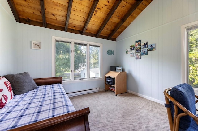 bedroom featuring lofted ceiling with beams, multiple windows, wood ceiling, and baseboard heating