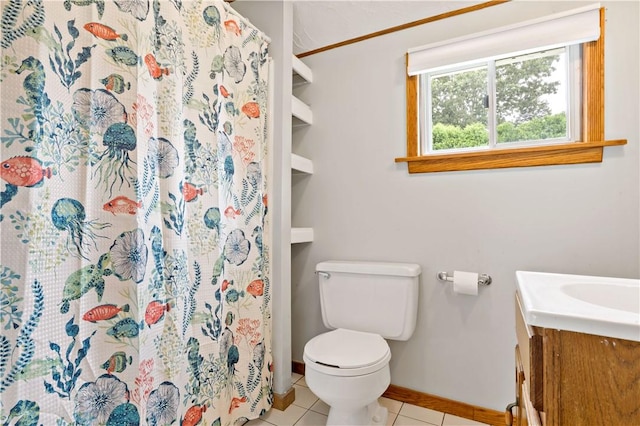 full bath with vanity, baseboards, tile patterned flooring, curtained shower, and toilet