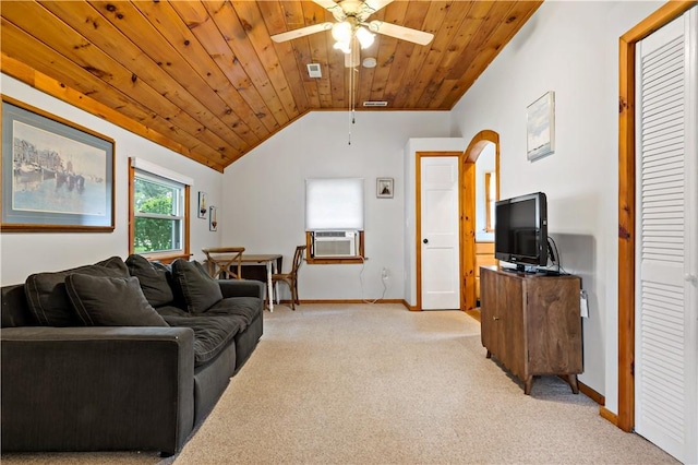 living area featuring wooden ceiling, cooling unit, light colored carpet, and vaulted ceiling