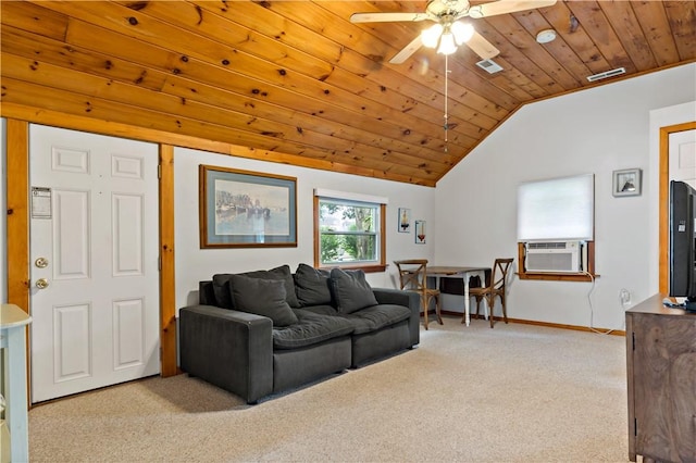 living area featuring visible vents, cooling unit, wooden ceiling, carpet flooring, and lofted ceiling