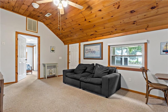 carpeted living area featuring visible vents, a ceiling fan, baseboards, wood ceiling, and vaulted ceiling