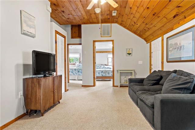 living area with visible vents, light carpet, wooden ceiling, and vaulted ceiling