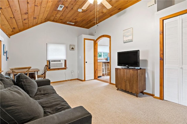 living room featuring visible vents, cooling unit, carpet floors, lofted ceiling, and wood ceiling