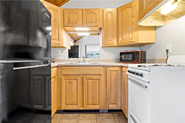 kitchen with under cabinet range hood, black appliances, light countertops, and a sink