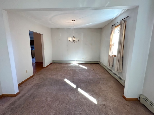 empty room with baseboards, carpet floors, baseboard heating, and an inviting chandelier