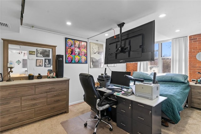 office space featuring recessed lighting, visible vents, and light carpet