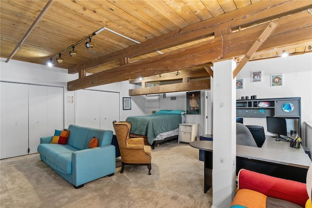 bedroom featuring two closets, carpet, wood ceiling, and rail lighting