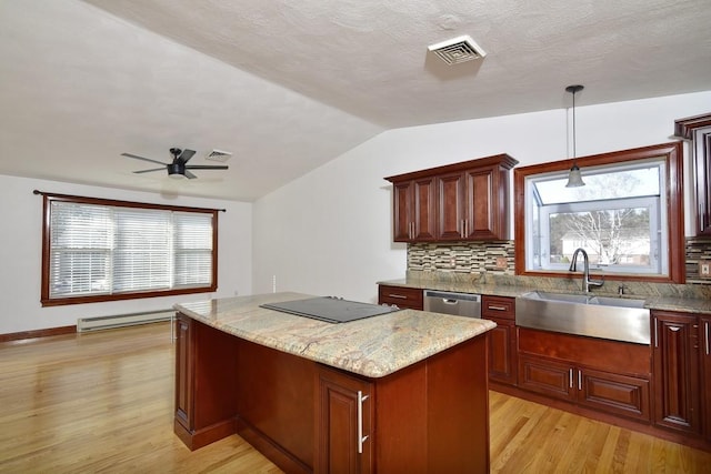 kitchen featuring visible vents, a sink, a baseboard radiator, black electric stovetop, and dishwasher