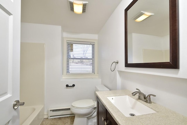 full bathroom with a baseboard heating unit, toilet, visible vents, and vanity