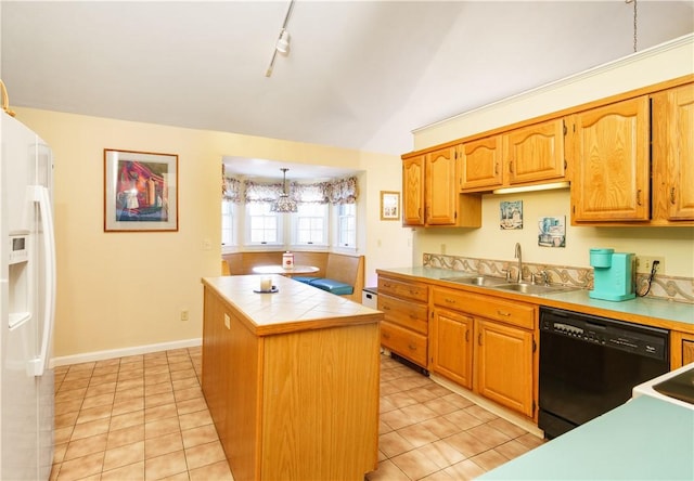 kitchen featuring tile countertops, light tile patterned floors, a sink, white refrigerator with ice dispenser, and dishwasher