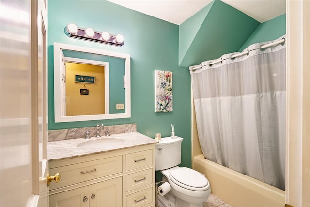 full bath with shower / bath combination with curtain, toilet, and vanity