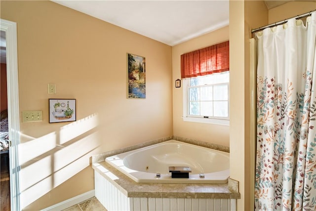 full bath featuring tile patterned flooring, a tub with jets, and a shower with shower curtain