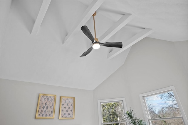 room details featuring beamed ceiling and a ceiling fan