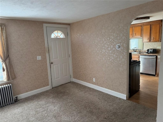 carpeted foyer entrance featuring baseboards, arched walkways, and radiator