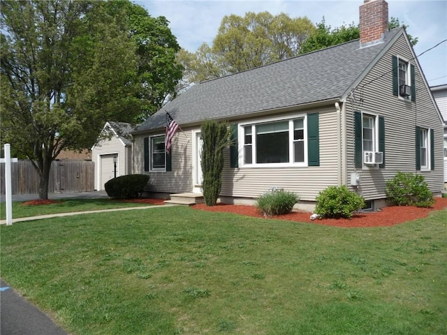 22 Kendall Ln, Warwick, RI 02888 - view of front of home with a garage, fence, a front yard, roof with shingles, and a chimney