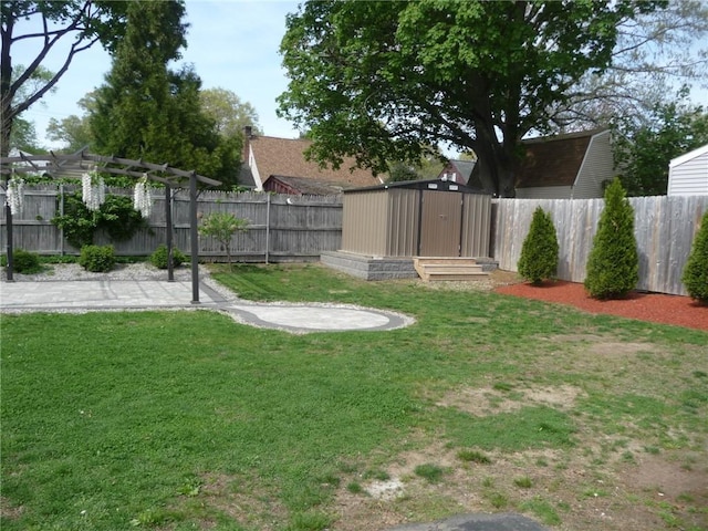 22 Kendall Ln, Warwick, RI 02888 - view of yard with a fenced backyard, a storage unit, an outdoor structure, and a pergola