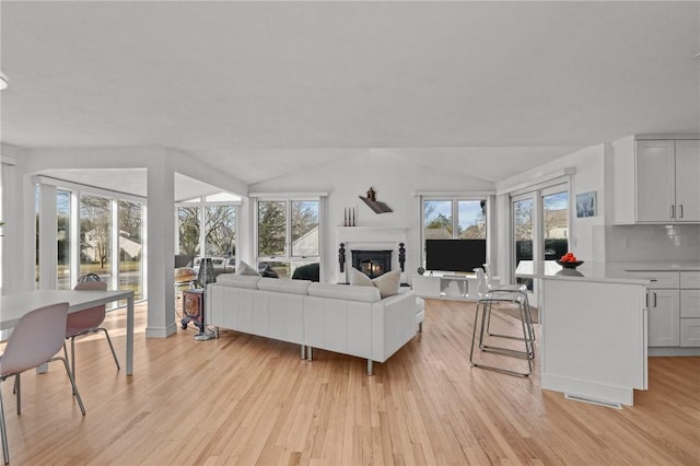 living room with plenty of natural light, light wood-style floors, and a glass covered fireplace