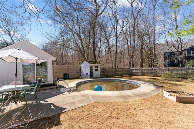 view of pool featuring a storage shed, a patio, a fenced backyard, and an outdoor structure