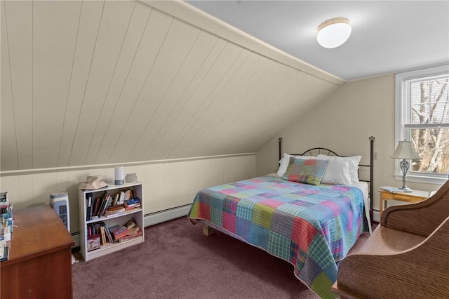 bedroom featuring a baseboard heating unit, carpet floors, and vaulted ceiling