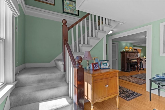 stairs featuring wood finished floors