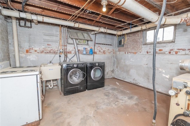 below grade area with electric panel, independent washer and dryer, and a sink