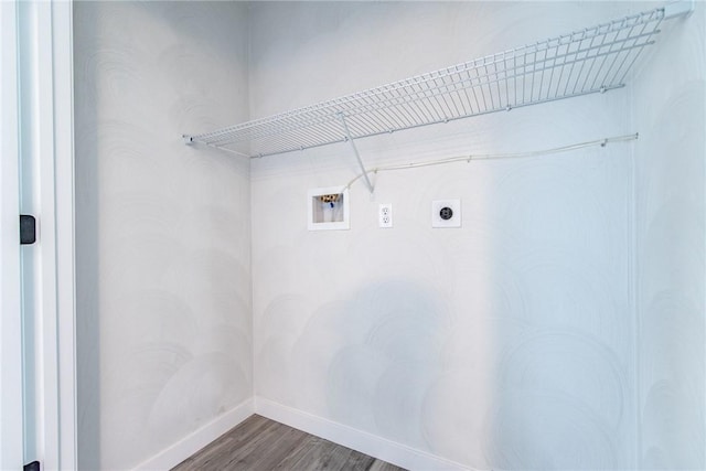 laundry room featuring hookup for an electric dryer, washer hookup, wood finished floors, and baseboards