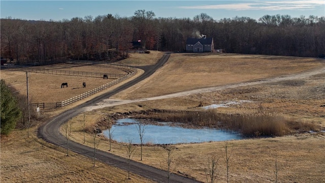 bird's eye view featuring a rural view and a forest view