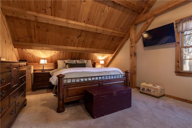 bedroom with light carpet, wooden ceiling, vaulted ceiling with beams, and baseboards