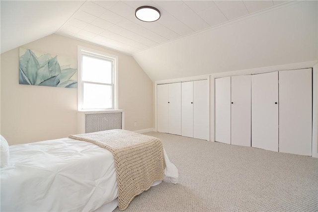 carpeted bedroom with vaulted ceiling and two closets