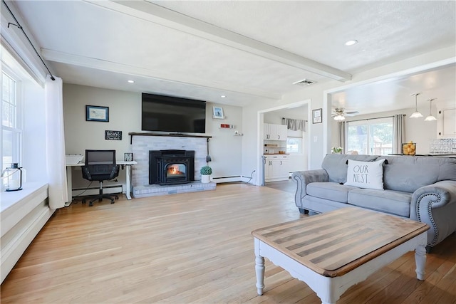 living area featuring light wood finished floors, visible vents, a baseboard heating unit, beamed ceiling, and a baseboard radiator