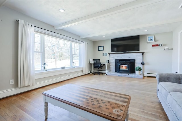 living room with beamed ceiling, baseboard heating, and light wood-style flooring